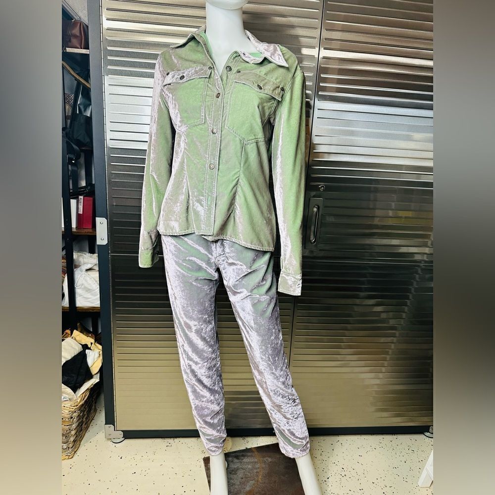 Vintage Y2K Versace Crushed Iridescent Green Velvet Track Suit Small